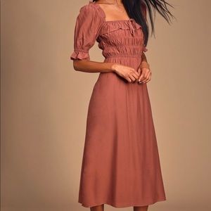 Lulus Nahanni Mauve Puff Sleeve Smocked Midi Dress